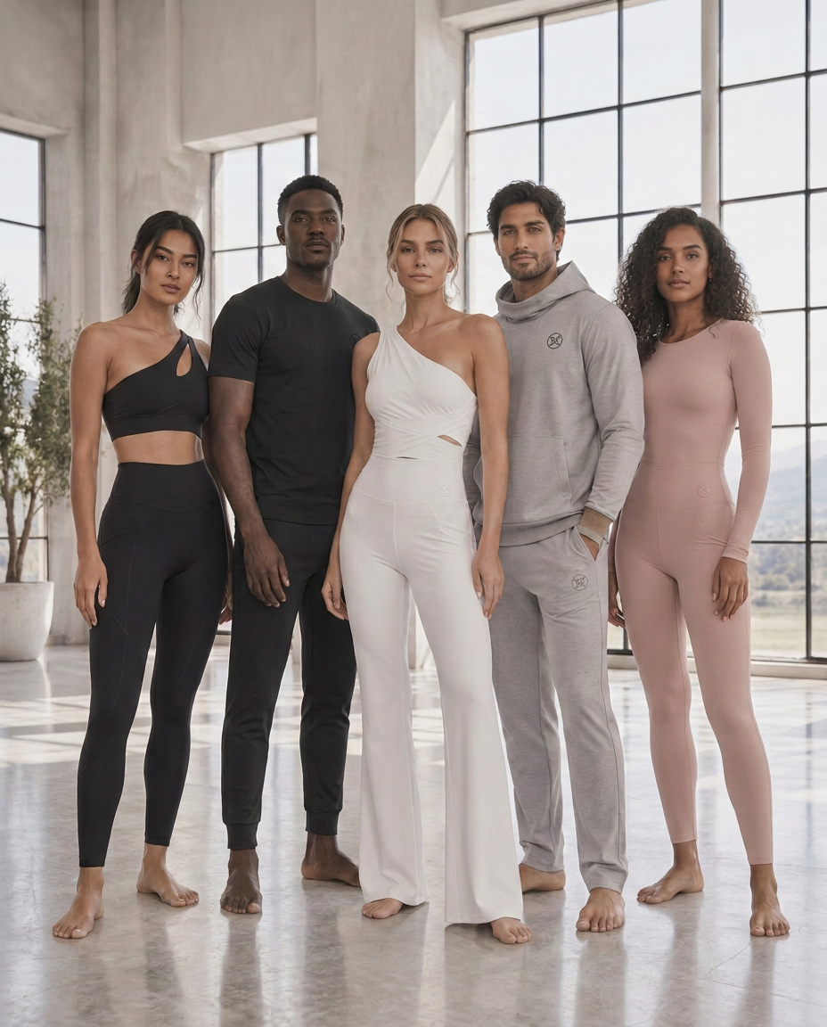 Five models wearing the coordinated ELYYOU Reflection Collection in onyx, cloud, mirror and blush